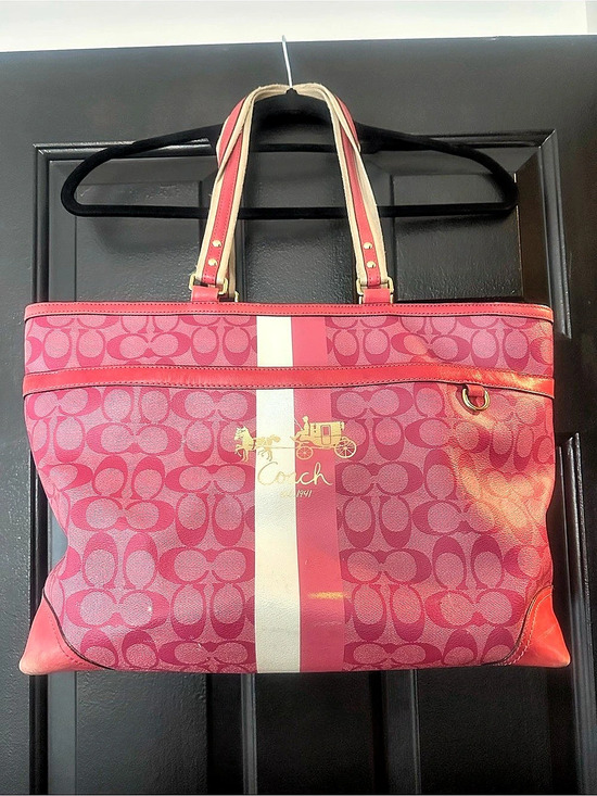Coach Handbags - Coach Signature Stripe Horse & Carriage Tote Pink & White